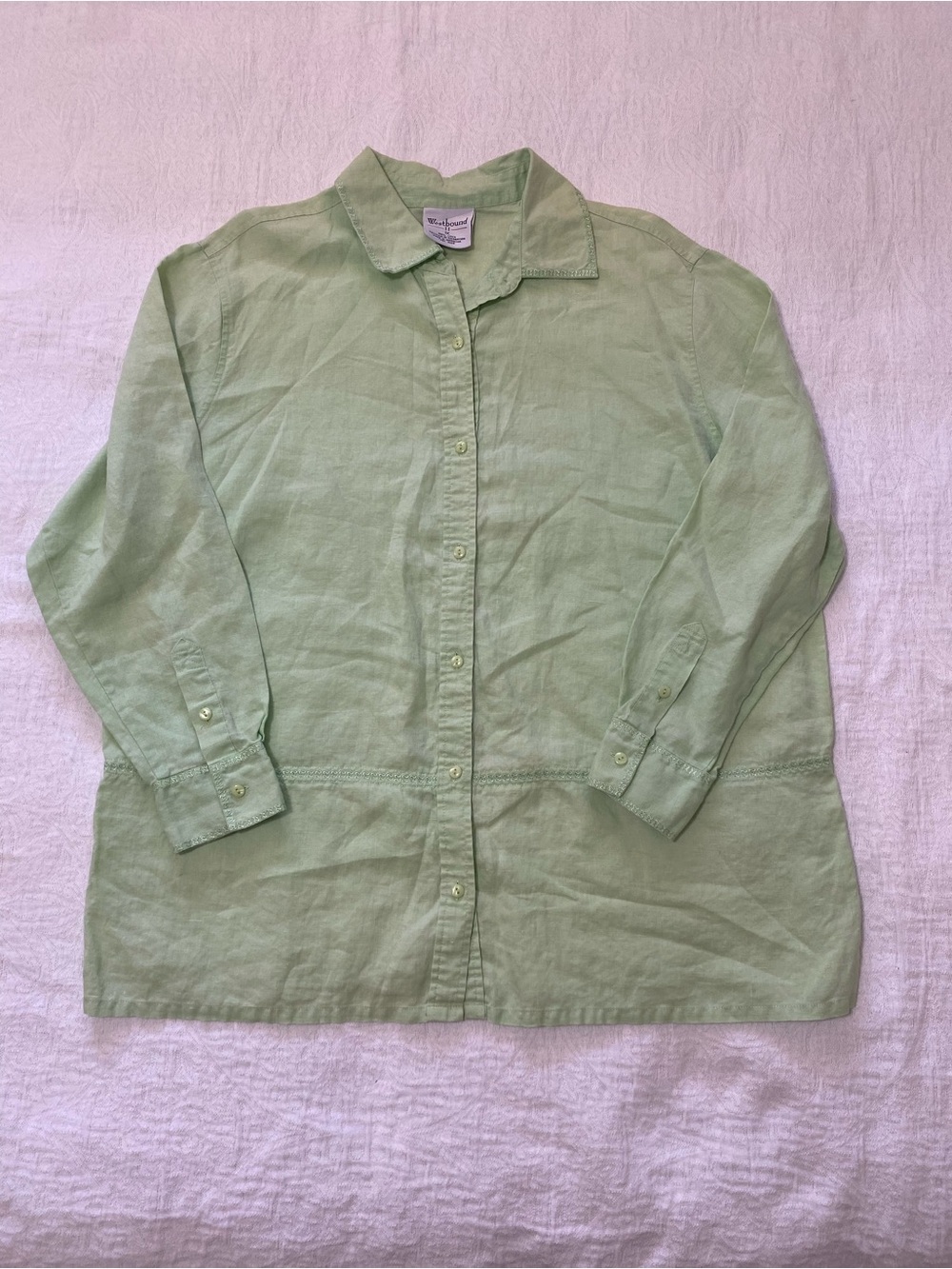 Westbound Women Shirt 1X 100% Linen Button Up Lime  Green Embroidered